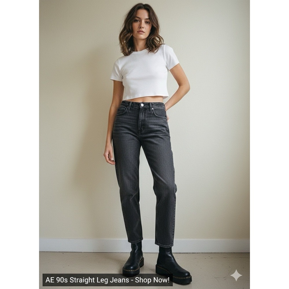 AE‎ 90s High Waisted Straight Leg Jeans Charcoal Grey Wash Women's Grunge Sleek